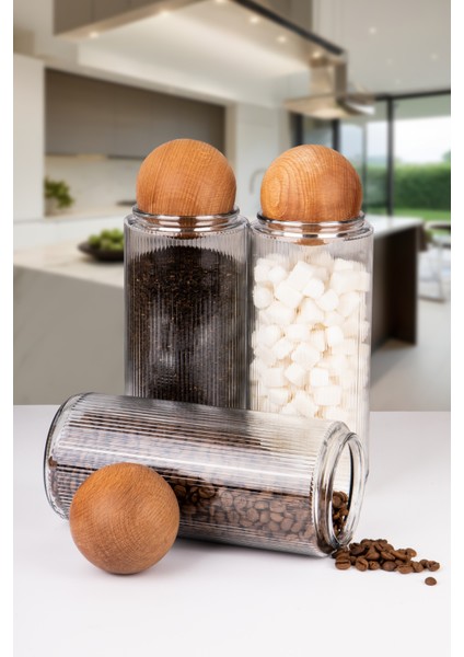 3 Lü Ahşap Top Kapaklı Dekoratif Çay, Kahve, Şeker, Tuz Saklama Kavanozu 1500 ml Cam
