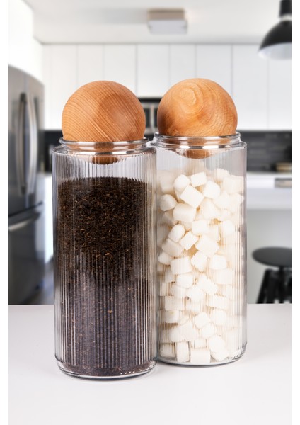 3 Lü Ahşap Top Kapaklı Dekoratif Çay, Kahve, Şeker, Tuz Saklama Kavanozu 1500 ml Cam fiyatları