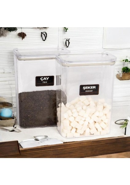 2'li Vakum Kapaklı Etiketli Çay Şeker Akrilik Kavanoz Saklama Kabı 3 Lt