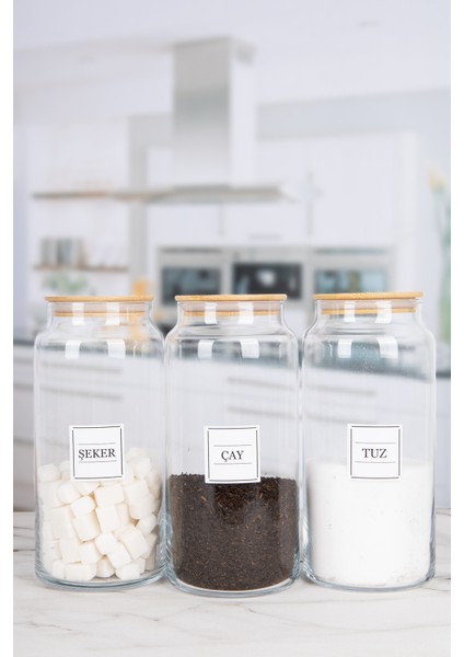 3’lü Ahşap Vakumlu Bambu Kapaklı Cam Çay Şeker Kahve Un Tuz Kavanozu 1440 ml