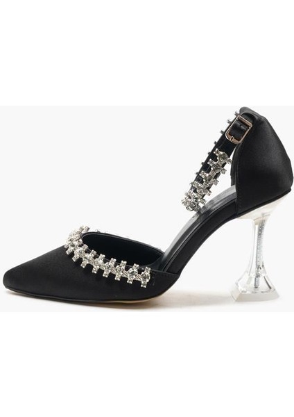 155035 Taş Detaylı Topuklu Ayakkabı Siyah Saten