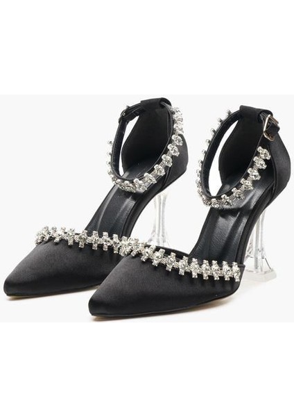 155035 Taş Detaylı Topuklu Ayakkabı Siyah Saten fiyatları