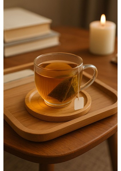 6'lı Bambu Tabaklı Çay Bardağı Takımı, Çizgili Desen 6 Adet Çay Bardağı - Bambu Tabak Set 200 ml