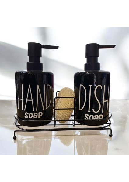 2'li 500 ml Fenomen Metal Stantlı Süngerli Pinterest Sıvı Sabunluk Mutfak Banyo Siyah