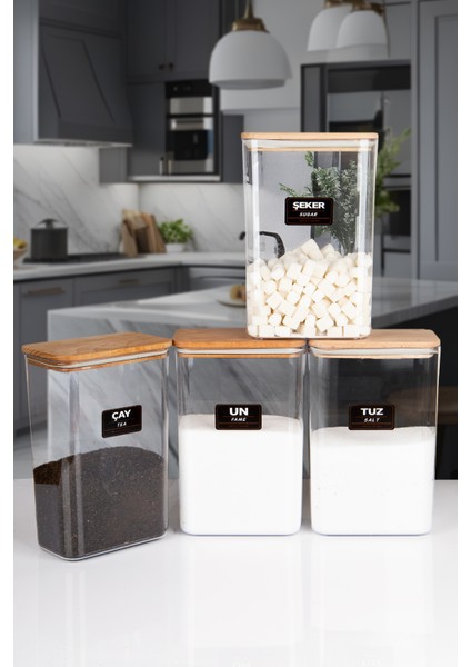 4 Lü Ahşap Vakumlu Kapaklı Akrilik Un Tuz Çay Şeker Saklama Kavanozu Kabı ve Kutusu 3 Litre Etiketli