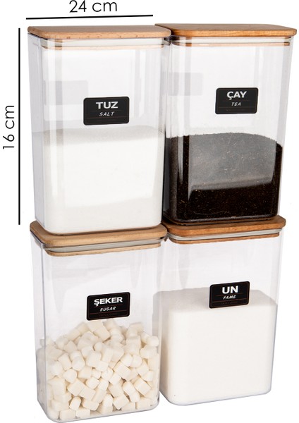 4 Lü Ahşap Vakumlu Kapaklı Akrilik Un Tuz Çay Şeker Saklama Kavanozu Kabı ve Kutusu 3 Litre Etiketli fiyatları