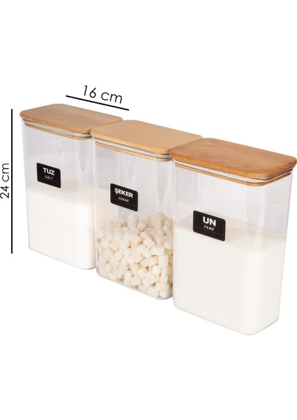 4 Lü Ahşap Vakumlu Kapaklı Akrilik Un Tuz Çay Şeker Saklama Kavanozu Kabı ve Kutusu 3 Litre Etiketli