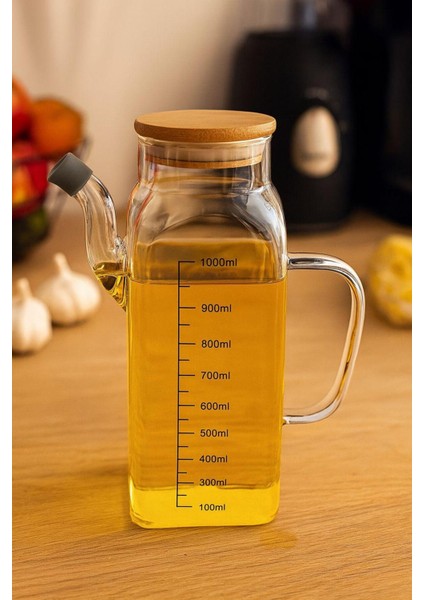 Borosilikat Bambu Kapaklı Cam Yağlık Sirkelik 1000 Ml, Cam Yağdanlık Şişesi Bambu Kapak fiyatları