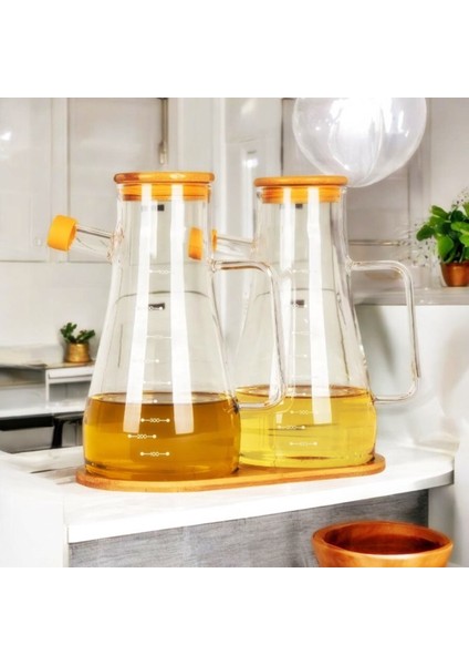 2'li Bambu Kapaklı Bambu Stantlı Cam Yağlık Sirkelik Silikon Tabanlı Sosluk 900 ml