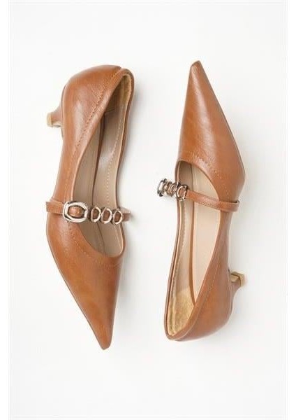 255002 3 Göz Tokalı Kısa Topuklu Ayakkabı Taba Deri modelleri