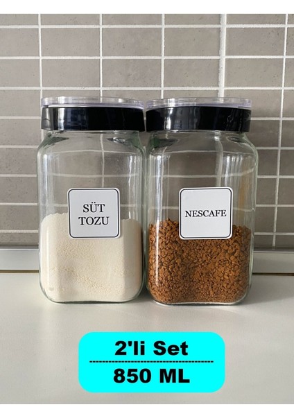 2’li Vakumlu Bambu Kapaklı Cam Süt Tozu Nescafe Kavanozu Etiketli 850 ml