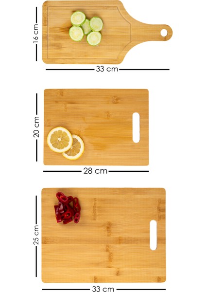 3 Lü Kesme Doğrama Sunum Tahtası Seti - Bambu Kesim Panosu