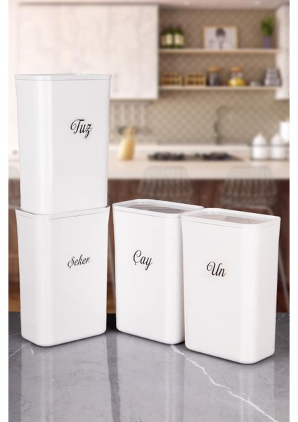 4'lü Beyaz Un Tuz Şeker Çay Erzak Saklama Kutusu Vakumlu Kapaklı 3 Lt Akrilik Etiketli