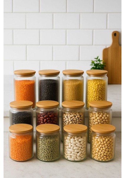 6'lı Cam Kavanoz Bakliyat Seti, Vakum Kapaklı Büyük Boy Erzak Kutu Set (2'şerli 1-1.5 ve 2lt)