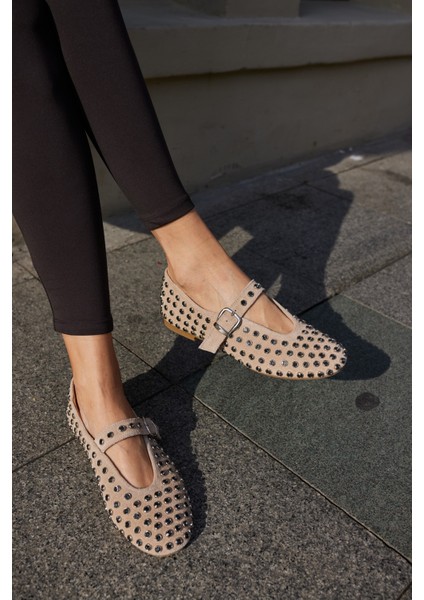 Gallo Kadın Bej Gercek Deri Suet Komple Taş Babet