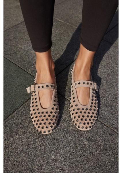 Gallo Kadın Bej Gercek Deri Suet Komple Taş Babet