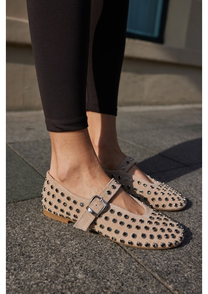 Gallo Kadın Bej Gercek Deri Suet Komple Taş Babet