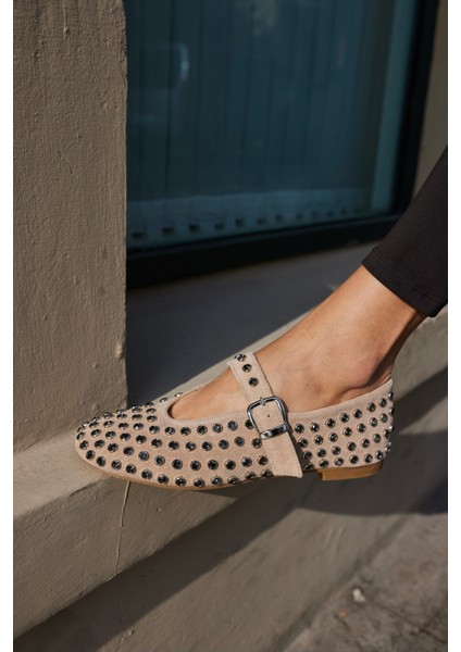 Gallo Kadın Bej Gercek Deri Suet Komple Taş Babet