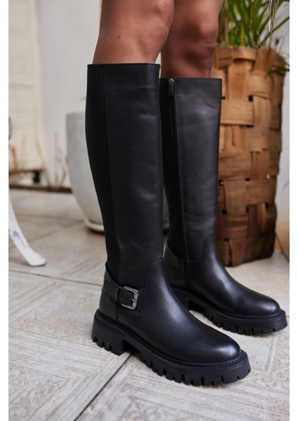 Meloni Kadın Siyah Gercek Deri Arka Lastık Detay Çizme