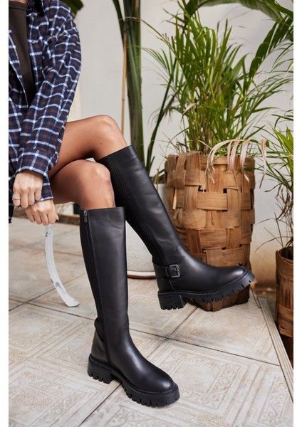 Meloni Kadın Siyah Gercek Deri Arka Lastık Detay Çizme fiyatları