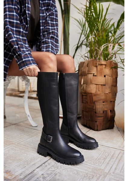 Meloni Kadın Siyah Gercek Deri Arka Lastık Detay Çizme modelleri