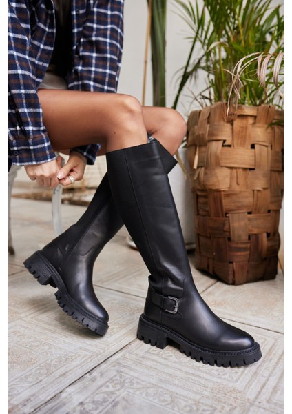 Meloni Kadın Siyah Gercek Deri Arka Lastık Detay Çizme fırsatları