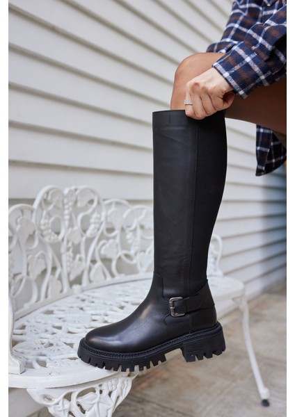 Meloni Kadın Siyah Gercek Deri Arka Lastık Detay Çizme