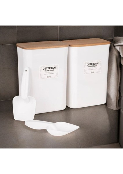 2'li Ahşap Vakum Kapaklı Beyazlar Renkliler Etiketli Deterjan Saklama Kabı Kutusu Ölçek Hediyeli