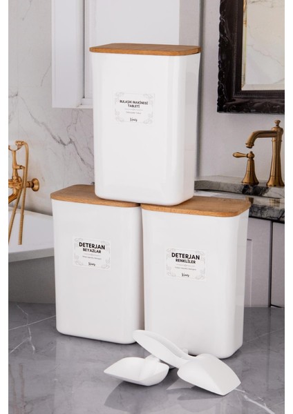 3 'lü Ölçekli Beyaz Ahşap Vakum Kapak Renkliler Beyazlar ve Tablet Deterjan Düzenleyici Kutu 3 Lt