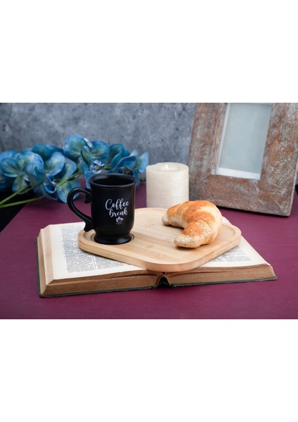 Seramik Siyah Kahve Bardağı ve Bambu Kahve Sunumluk Tepsi Set