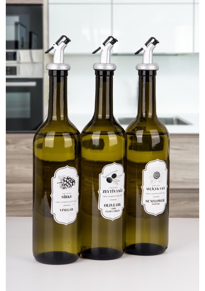 3'lü Sızdırmaz Kapak Cam Ayçiçek ve Zeytinyağı Etiketli Sosluk Sirkelik Yağdanlık Seti 800 ml