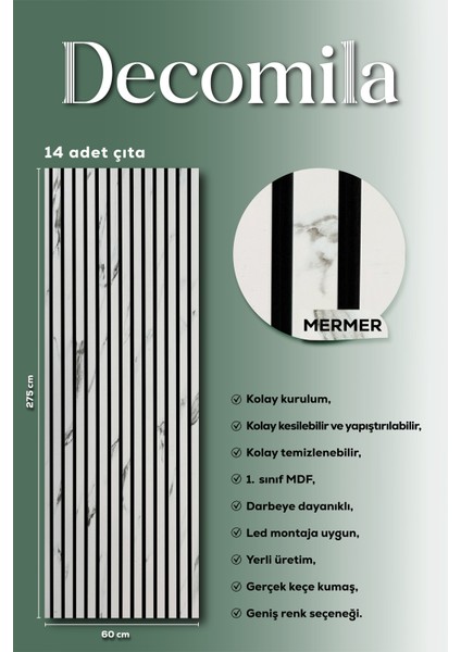 Mdf Ahşap Akustik Duvar Paneli 60X275 cm - Mermer (Pvc) fiyatları