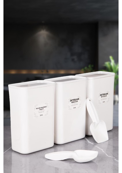 3'lü Ölçekli Beyaz Vakum Akrilik Renkliler Beyazlar Tablet Deterjan Saklama ve Düzenleyici 3 Lt