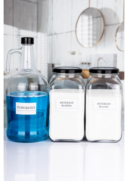 Dekoratif Cam 3'lü Yumuşatıcı Şişesi 3 Lt ve Deterjan Renkliler Beyazlar Kavanozu 3 Lt