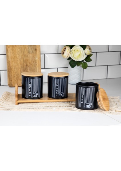 3'lü Seramik Siyah Kavanoz Seti, Ahşap Standlı Bambu Kapaklı Çay-Kahve-Şeker Kavanozu