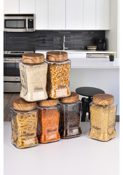 6 Lı 1100 ml Cam Kavanoz Erzak Saklama Kabı Özel Seri Işlemeli ve Etiket Hediyeli