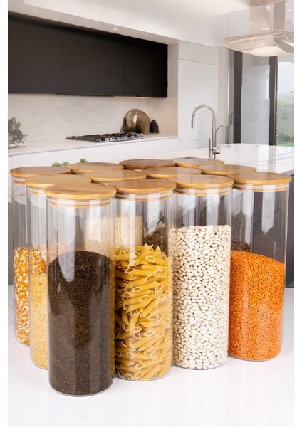 12'li Jumbo Boy Borosilikat Cam Bambu Vakum Kapaklı Spagetti Erzak Kavanozu 2200 ml