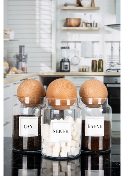 3'lü Ahşap Top Kapaklı Çay Şeker Kahve Tuz Kavanozu Cam 1000 ml