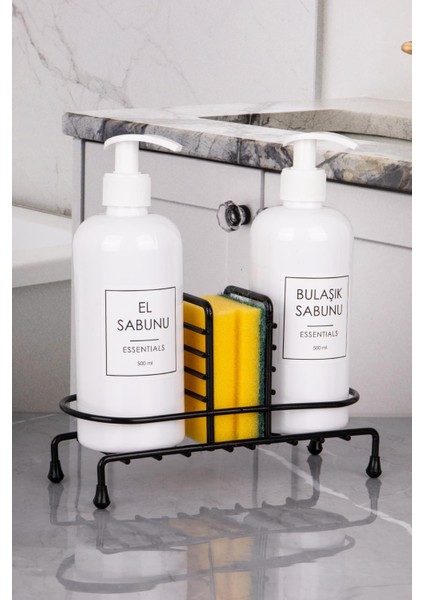 2 Li Süngerli Beyaz Şişe Siyah Metal Stantlı Plastik Şişe Sabunluk Deterjanlık 500 ml