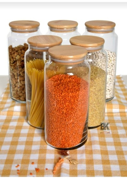 6 Lı Bambu Kapaklı Vakumlu 1300ML Cam Kavanoz