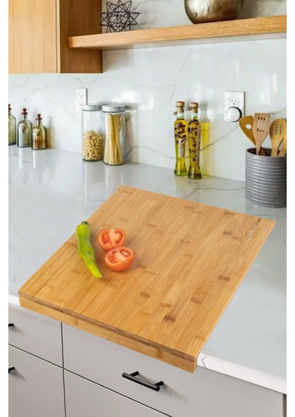 Büyük Kalın 45X38X3,5 cm Bambu Mutfak Ekmek Kesme Tezgâhı Şef Usta Et Kesim Doğrama Oluklu