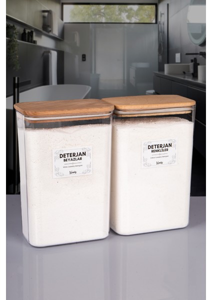 2 Adet Ahşap Vakumlu Kapaklı Toz Deterjan Kutusu Renkliler Beyazlar Etiketli Akrilik 3 Litre modelleri