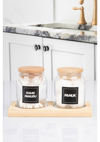 2'li Ahşap Stantlı Vakumlu Kapaklı Kulak Pamuğu ve Pamuk Kavanozu Pamukluk Seti 300 ml