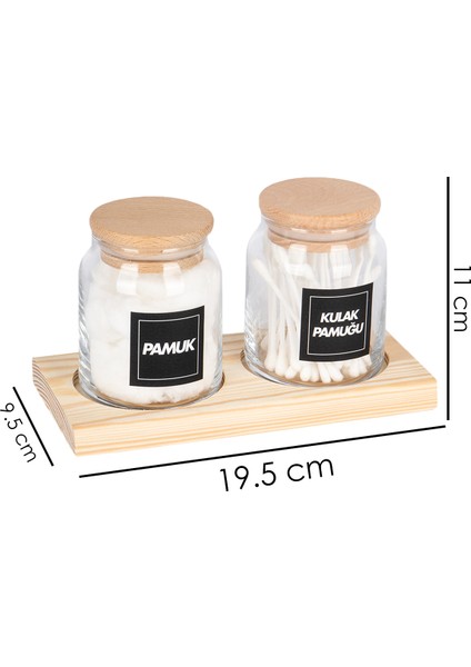 2'li Ahşap Stantlı Vakumlu Kapaklı Kulak Pamuğu ve Pamuk Kavanozu Pamukluk Seti 300 ml fırsatları