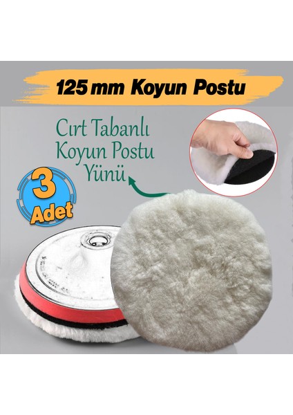( 3 Adet ) Koyun Postu Pedi Ø 125 mm Pasta Cila Polisaj Süngeri Cırt Tabanlı Kuzu Postu Yünü Keçesi Parlatma