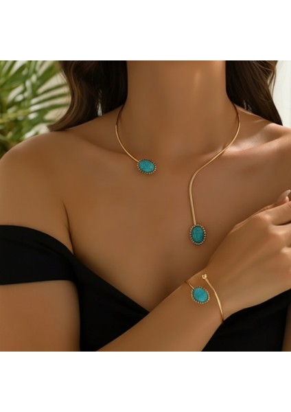 Turkuaz Taşlı Gold Tel Kolye & Bileklik Seti / U Yaka Gerdanlık Yaka Kolyesi / Ayarlanabilir Kelepçe Bileklik