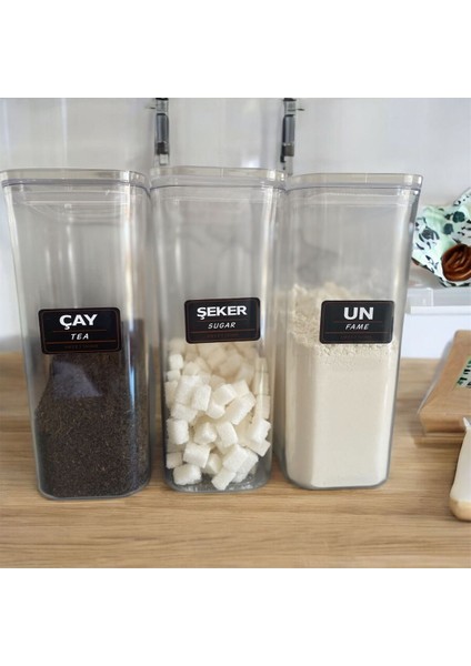 3'lü Vakum Kapaklı Etiketli Çay Şeker Un Akrilik Kavanoz Saklama Kabı 3 Lt