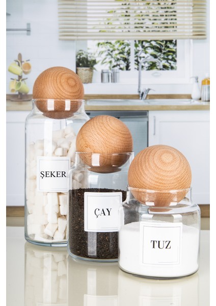 3'lü Ahşap Top Kapaklı Çay Şeker Kahve Tuz Kavanozu Cam 3 Boy