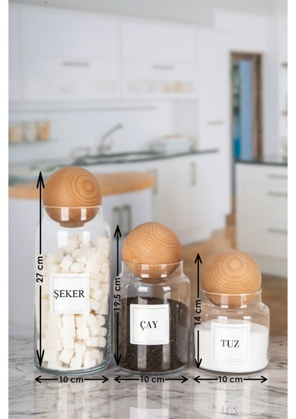 3'lü Ahşap Top Kapaklı Çay Şeker Kahve Tuz Kavanozu Cam 3 Boy fiyatları