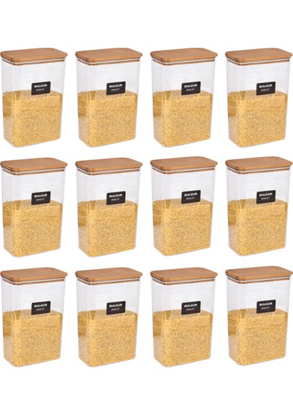 12 Li Ahşap Vakumlu Kapaklı Akrilik Erzak Saklama Kavanozu Saklama Kabı ve Kutusu 3 Litre Etiketli